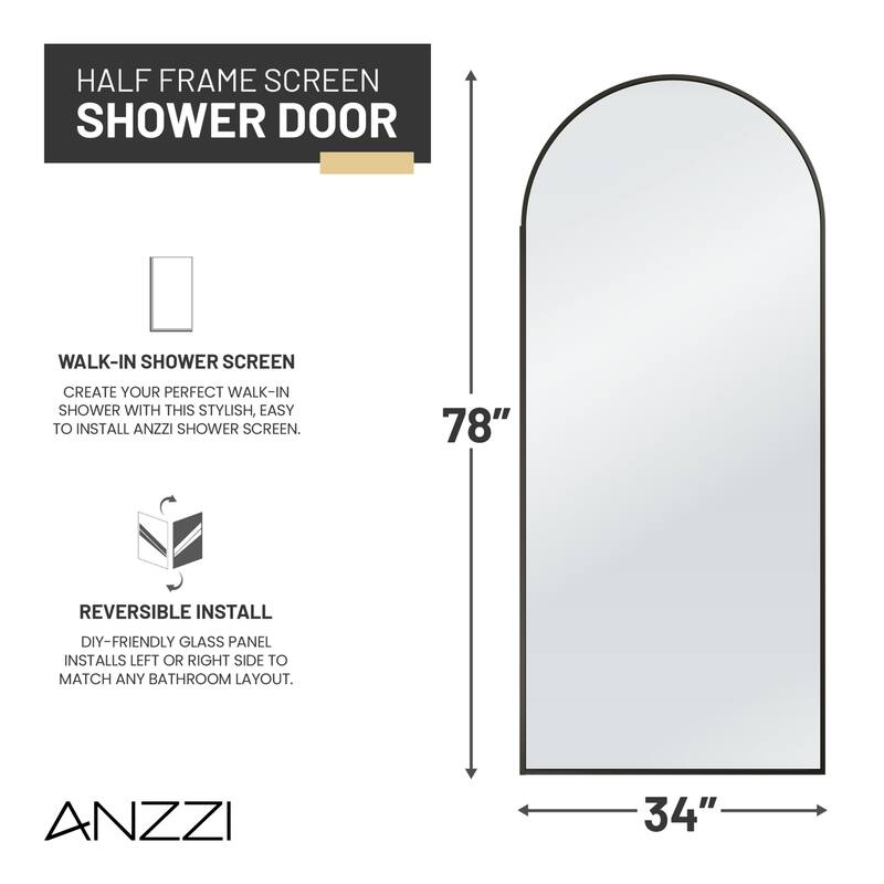 Ember Series 34 in. W x 78 in. H Fixed Framed Shower Door in Black, Gold or Nickel Finish with Clear or Fluted Glass