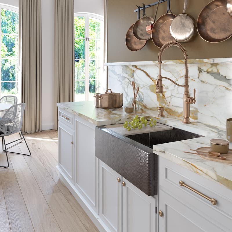 33" Self-Trimming Hammered Copper Single-Bowl Farmhouse Kitchen Sink