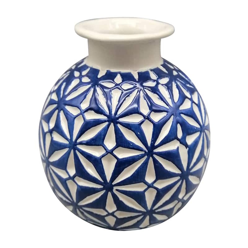 Sagebrook Home Decorative Daisy Ceramic Vase Contemporary Blue and White Flower Vase for Home, Office Decorative Accent - 5" x 5" x 6"