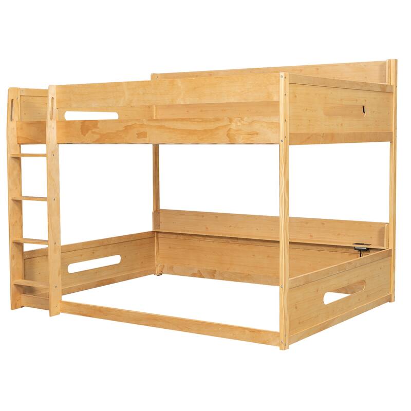 Queen Over Queen Bunk Bed with Storage Shelves on Both Upper and Lower Bunks and Built-In USB Charging Stations, Floor Bunk Bed