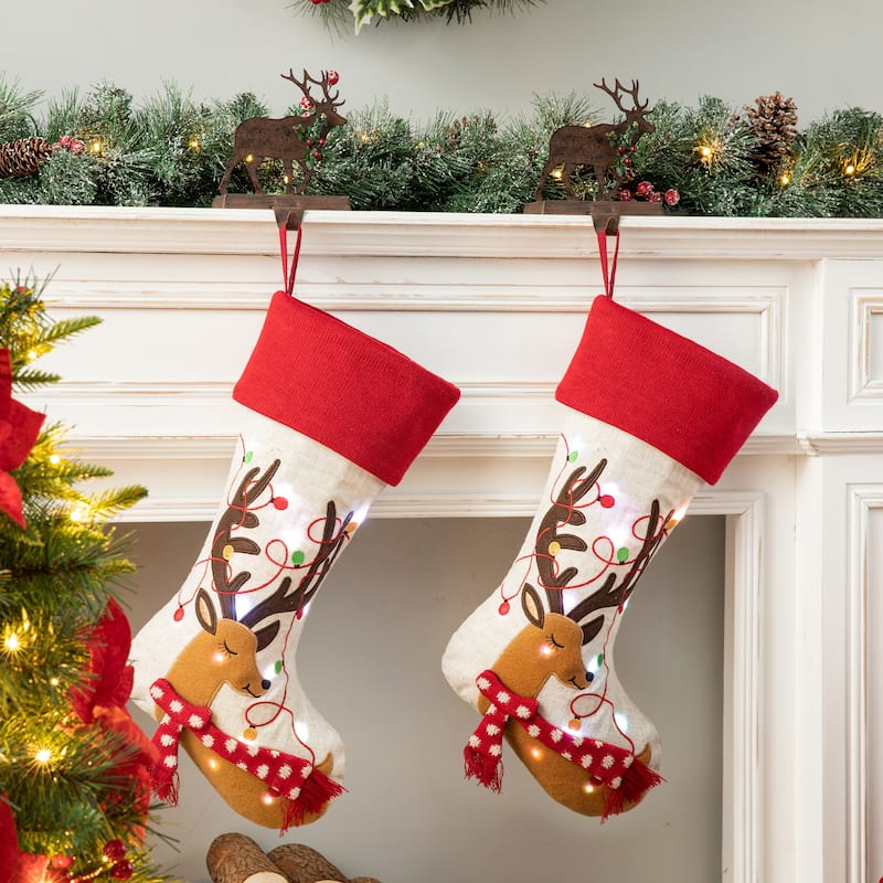 Glitzhome 21"L LED Embroidered Linen Reindeer Cat Dog Christmas Stockings