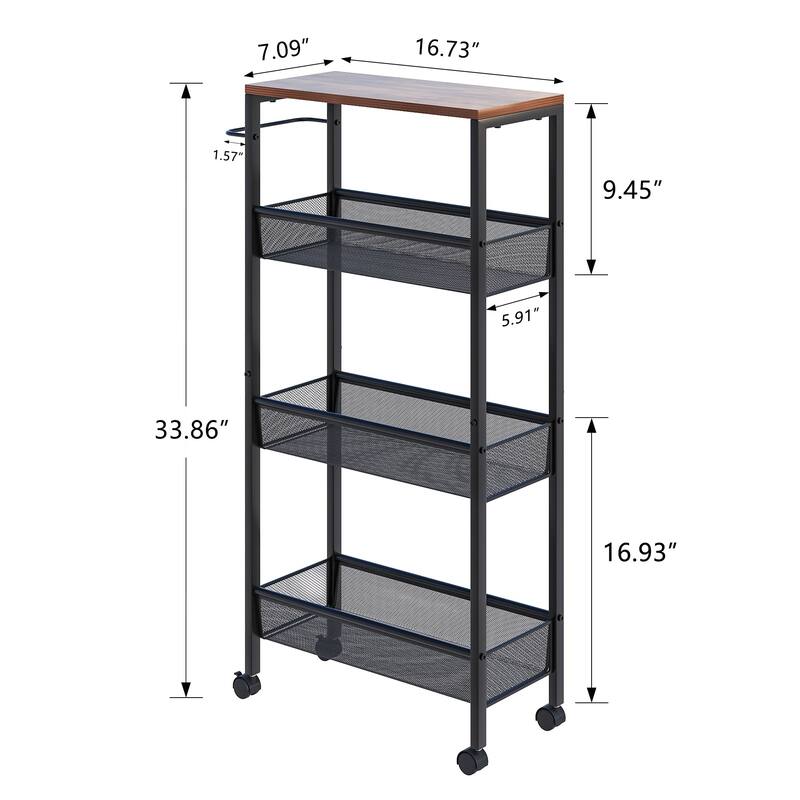 Javlergo 4-Tier Rolling Kitchen Cart with Mesh Baskets Brown Top & Wheels Space-Saving Storage Organizer with Handle for Home