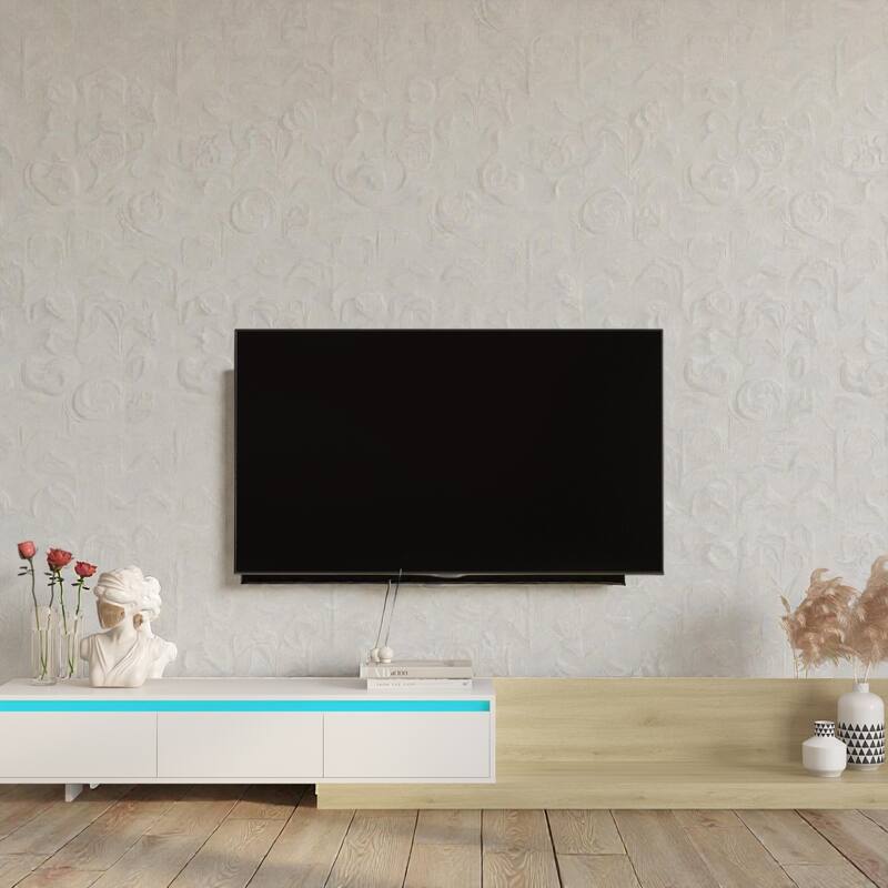 Modern TV Stand with LED Lights, Wooden Entertainment Center Media Cabinet with Storage for Living Room