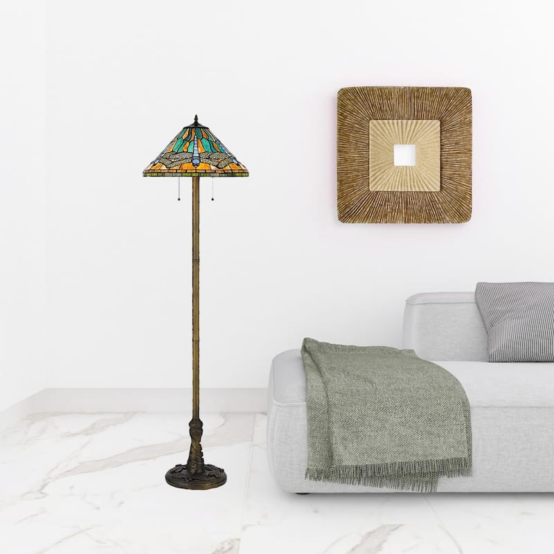 63" Brass Two Light Traditional Floor Lamp with Blue Orange Tiffany Glass - 17.50" x 17.50" x 62.50"