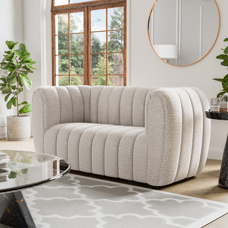 Furniture of America Lucinda Modern Vertical Channel Tufted Boucle Accent Loveseat Couch with Wooden Legs - Off-White