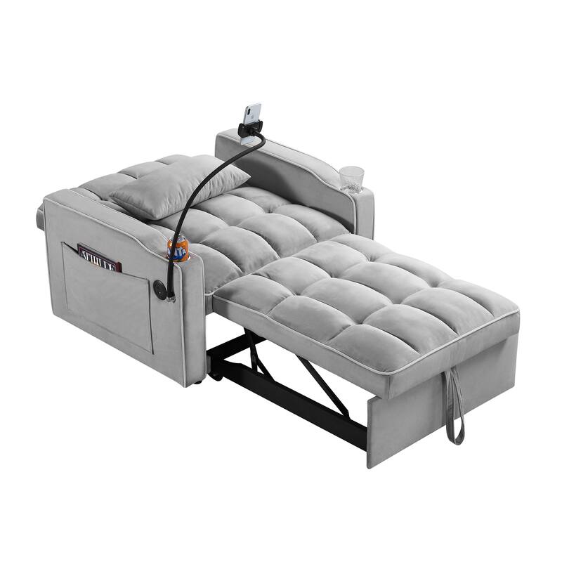 Sleeper Chair Sofa Bed with USB & Type-C Charging, Pull-Out Chaise Lounge, and Cup Holders