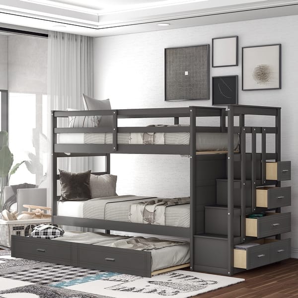 slide 2 of 9, Twin Over Twin Wood Bunk Bed for Kids with Trundle and Staircase(4 Storage Drawers), Grey