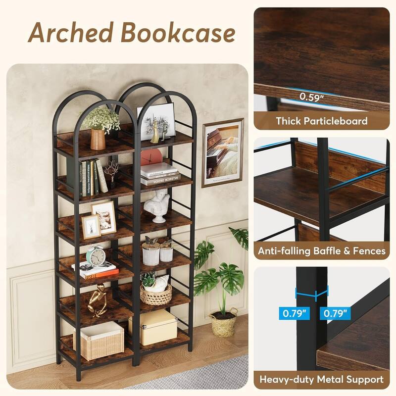 6 Tiers 78.7" Tall Narrow Arched Open Bookshelf