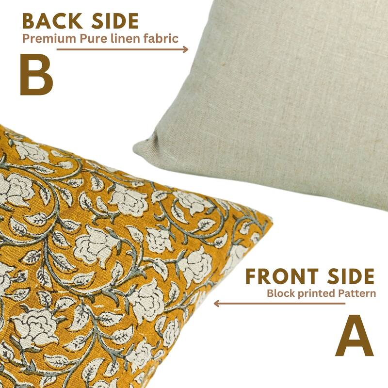 Fabdivine Brown Cozy Plush Hand Block Floral Pure Linen Pillow Cover