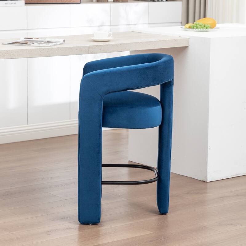 SEYNAR Modern Velvet 34.6''H Fixed Height Open-Back Bar Stool with Metal Footrest