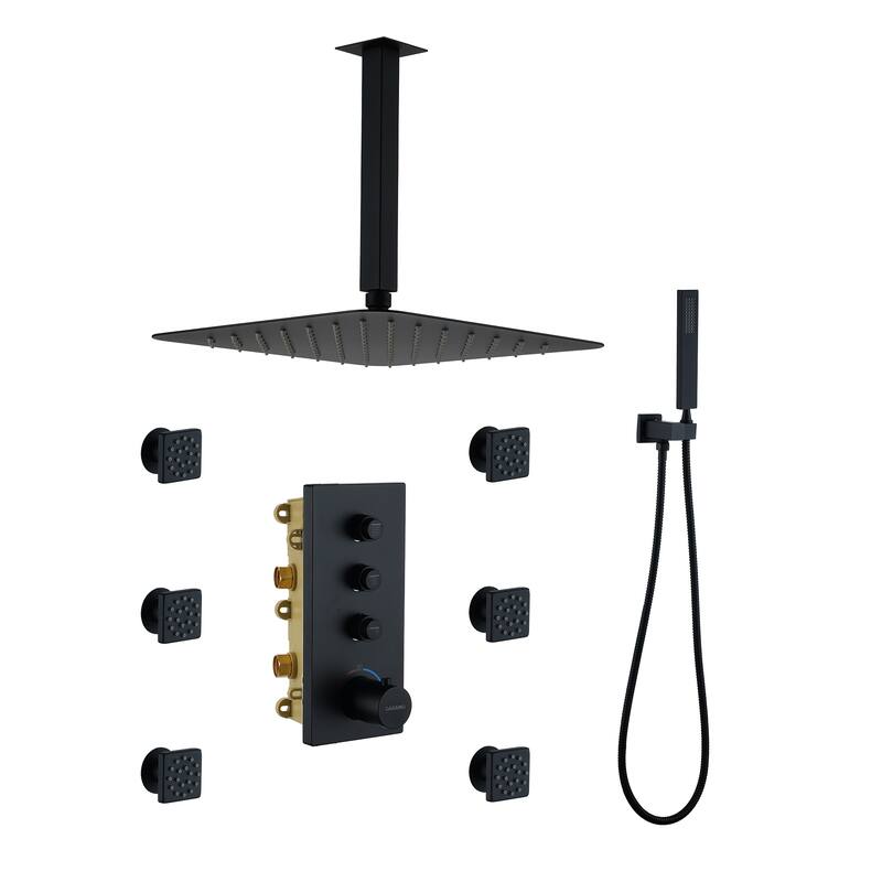 Luxury Thermostatic Shower System 1-Spray Patterns Ceiling Mount Fixed Shower Head and Handheld Spray with 6 Body Jets