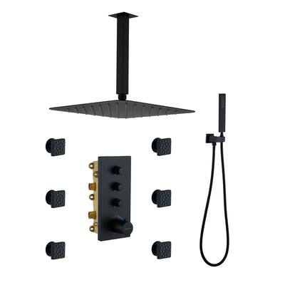 Luxury Thermostatic Shower System 1-Spray Patterns Ceiling Mount Fixed Shower Head and Handheld Spray with 6 Body Jets