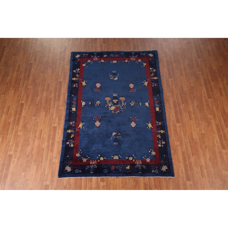Vegetable Dye Blue Art Deco Chinese Antique Rug Handmade Wool Carpet - 6'1"x 8'10"