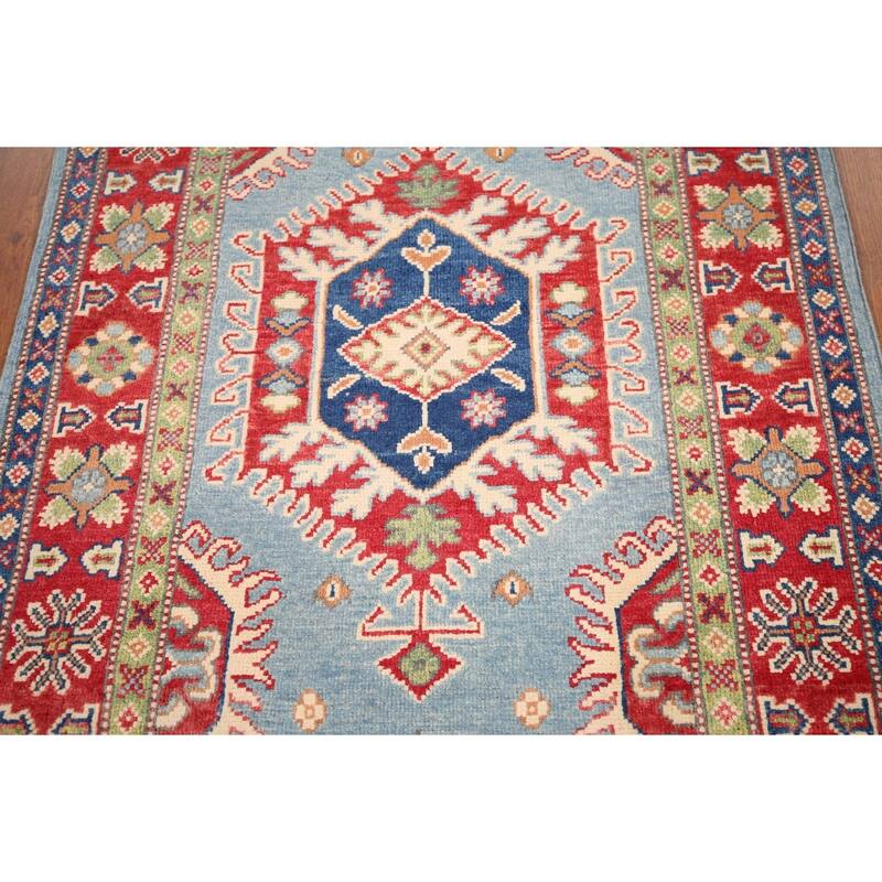 Light Blue Geometric Kazak Rug Entryway Hand-Knotted Wool Carpet - 3'1" x 4'11"