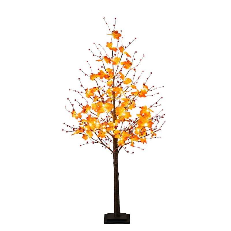 Pre-Lit Fall Harvest Artificial Maple Tree with Berries - 5' - Warm White LED Lights