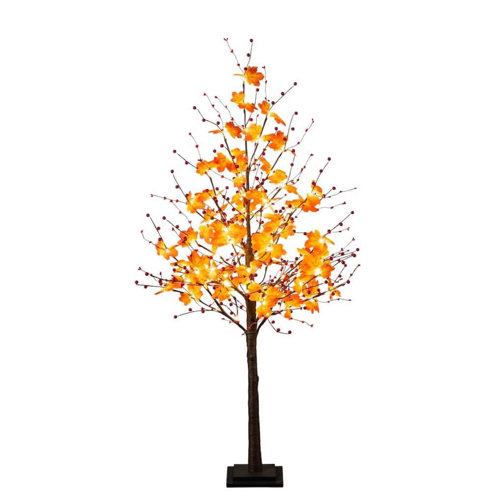 Pre-Lit Fall Harvest Artificial Maple Tree with Berries - 5' - Warm White LED Lights
