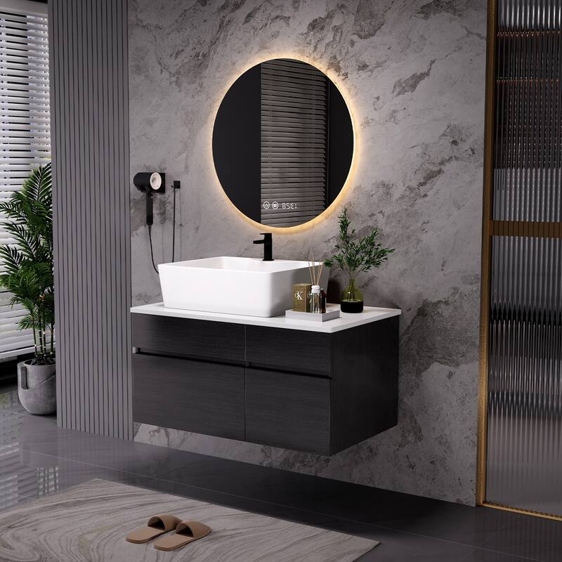 31.5" Wall-Mounted Bathroom Vanity with Ceramic Vessel Sink, High-Quality Engineered Stone, Soft-Close Storage