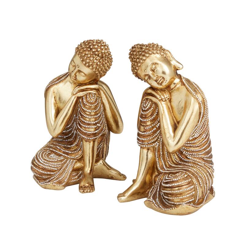 Gold Polystone Traditional Buddha Sculpture with Engraved Carvings and Relief Detailing (Set of 2) - 5 x 4 x 7