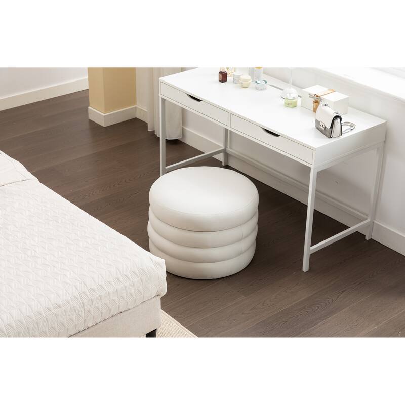 Velvet Round Ottoman with Storage, Footstool with Wooden Shelving, Multifunctional Round Vanity Stool for Makeup