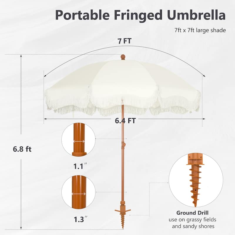 MAISON ARTS 7ft Patio Fringe Umbrella Outdor Tassel Beach Umbrella with Push Botton Tilt UPF50+
