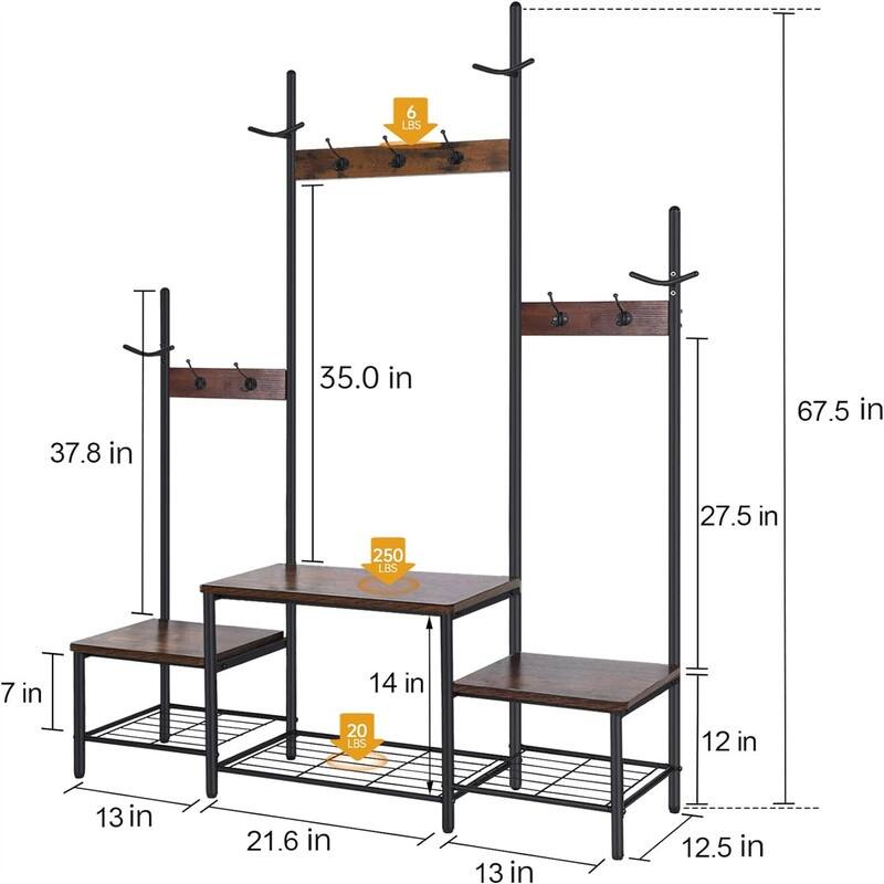 Hall Tree Entryway Bench with Coat Rack and Shoe Storage