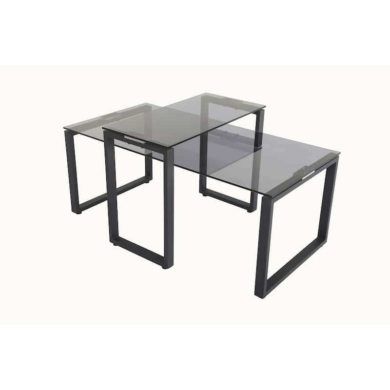 Grey Glass Top and Metal Frame Modern Rectangular Nesting Table Set for Living Room (Set of 2)