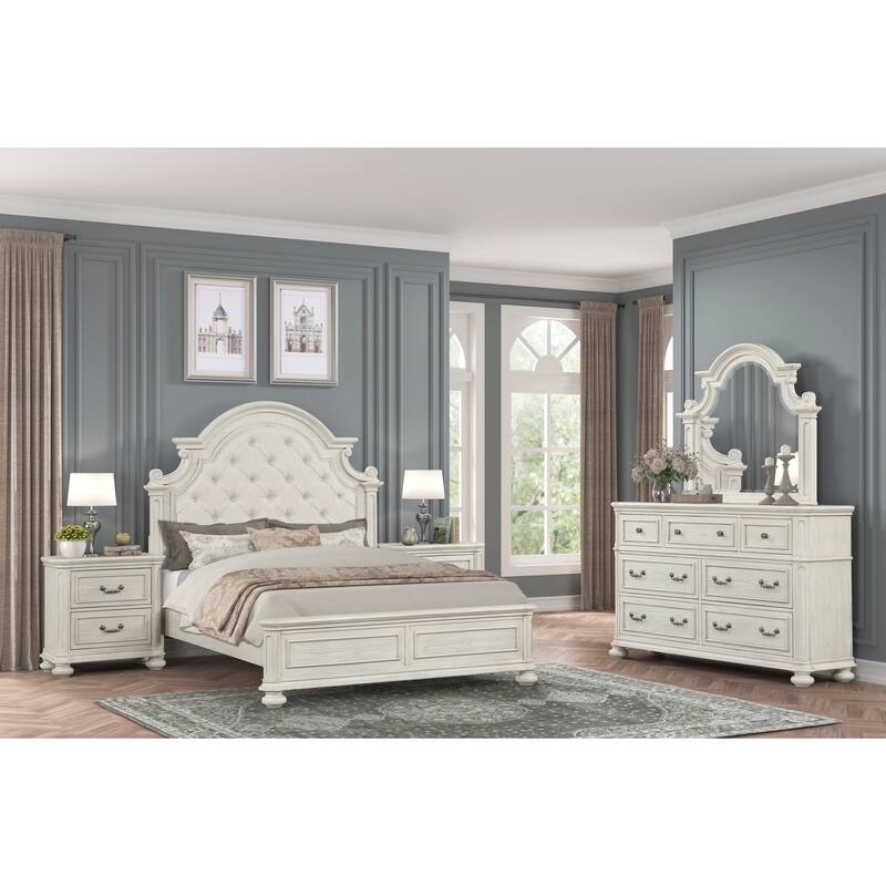 Roundhill Furniture Nelson French Traditional 5-Piece Bedroom Set, Antique White - Queen