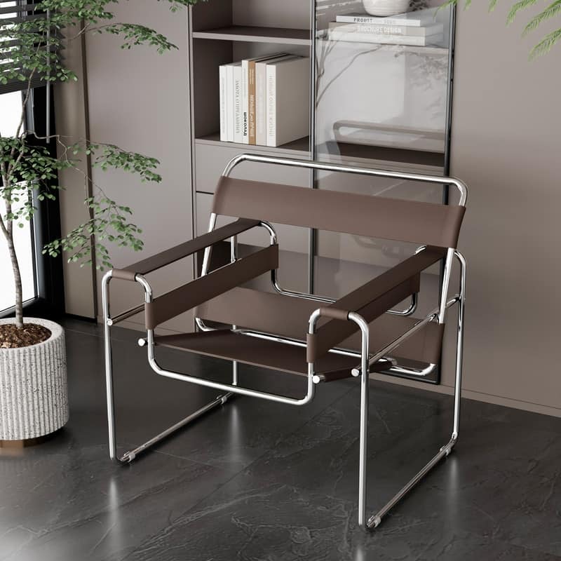 Mid-Century Modern Saddle Leather Accent Chair with Steel Legs