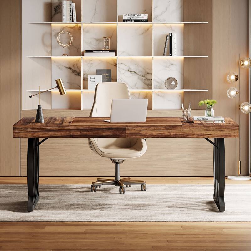 63 Inch Modern Computer Desk, White and Gold Office Executive Desk