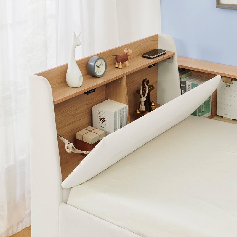 Twin Size Velvet Daybed with Storage, LED Lights, and Wireless Charging, Beige