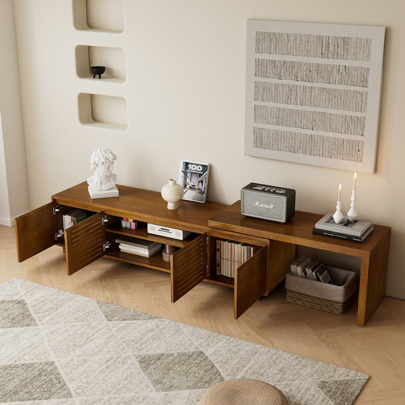 Expandable TV Stand for 75" TVs, Adjustable Media Console with Vintage Wood Grain, Large Storage, Entertainment Center