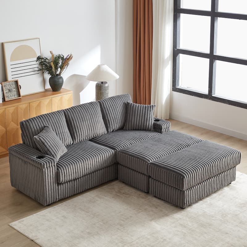 Roomfitters 84" Corduroy 3-Seater Sofa, Deep Seat Couch with 2 Ottomans, Storage, Cup Holders, 3 Back and 2 Toss Pillows