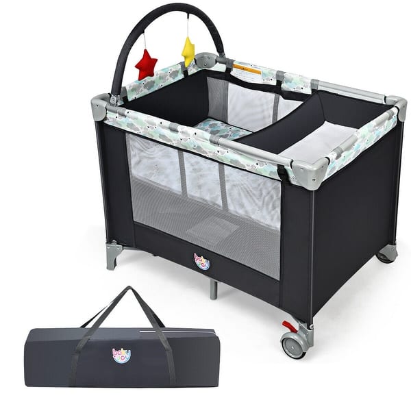 slide 2 of 10, Gymax Portable Baby Playard Playpen Nursery Center w/ Changing Station - 39.5'' x 29.5'' x 43.5'' Black/White - 39.5'' x 29.5'' x 43.5'' - Metal