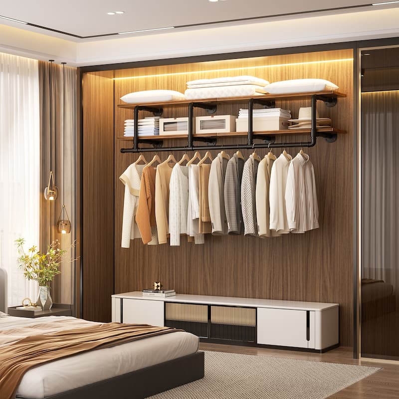 Floating Pipe Heavy-Duty Garment Rack, Wall-Mounted Closet Organizer with Storage Shelves