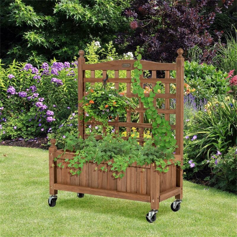 32in Wood Planter Box w/Trellis Mobile Raised Bed for Climbing Plant ...