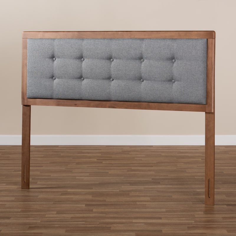 Mid-Century Modern Dark Grey Fabric Upholstered Walnut Brown Wood Queen Size Headboard with Retro Charm