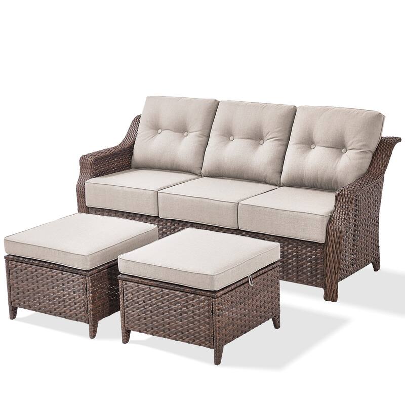 Gymojoy 3-Piece Wicker Patio Furniture Ottoman & Sofa Set, 6-Inch Ultra Thick Cushioned