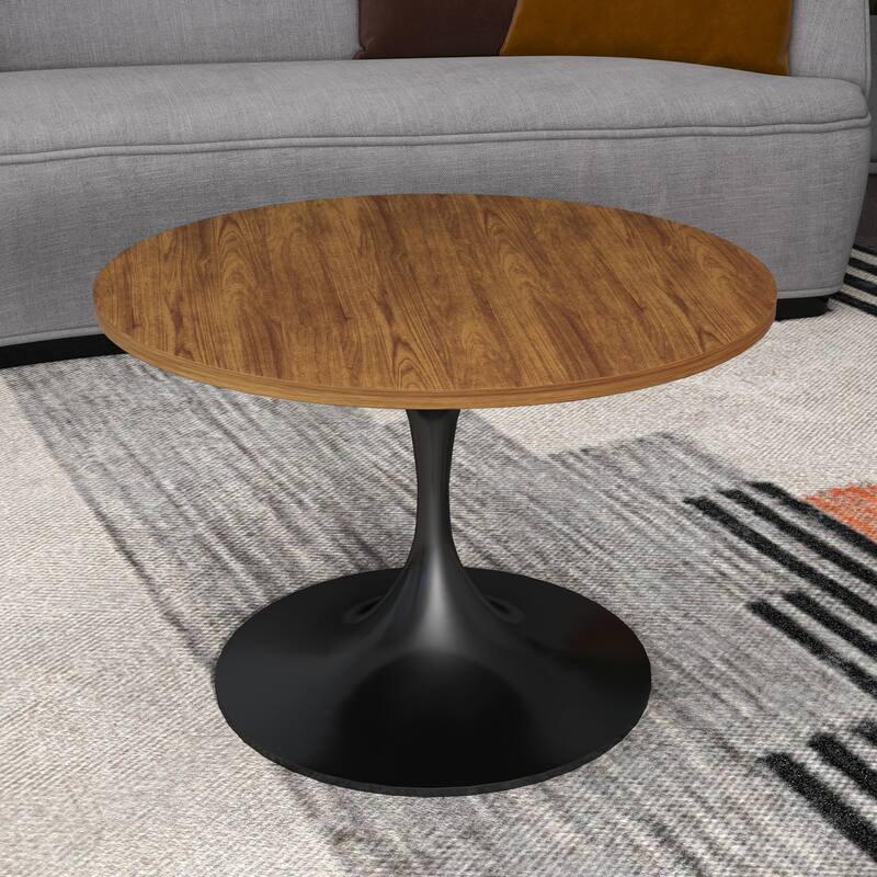 LeisureMod Verve 27" Round Coffee Table with MDF Wood TableTop and Black Steel Base for Living & Bedroom