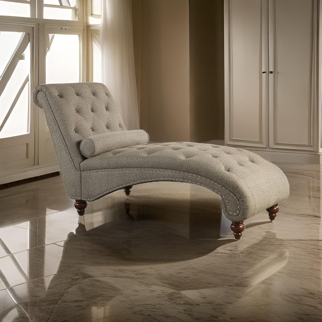 Amey 69 Inch Chaise Lounger, Solid Wood, Rolled Button Tufted Gray Fabric