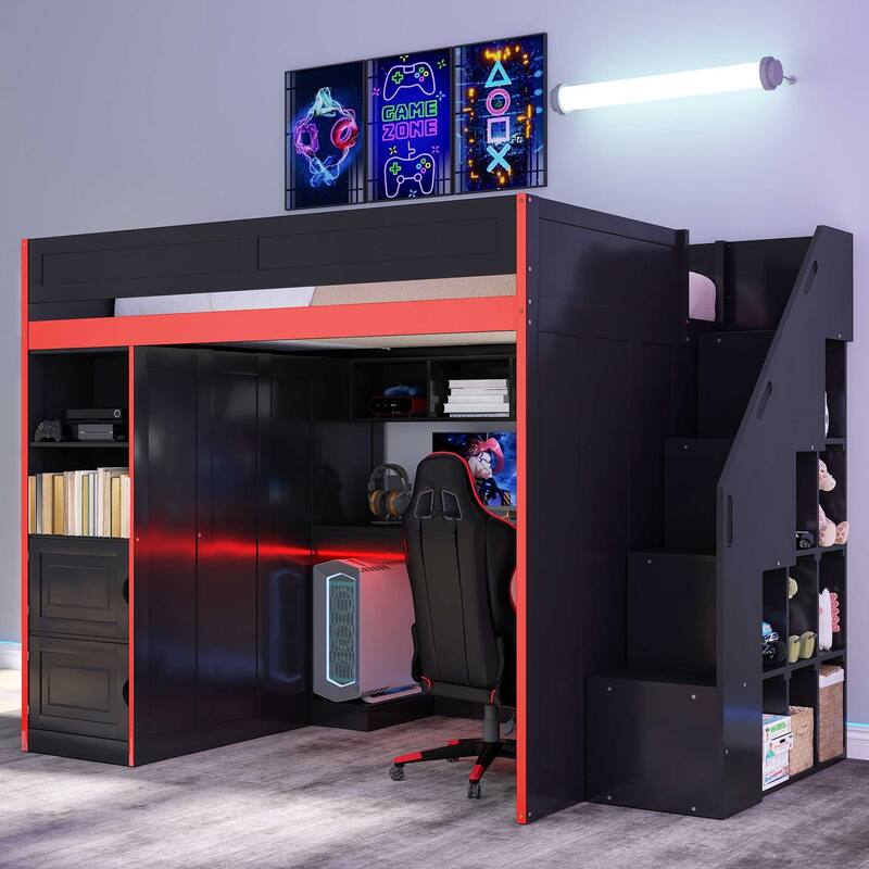 Gaming Loft Bed with Desk, Storage, and LED Lighting by Harper&Bright Designs