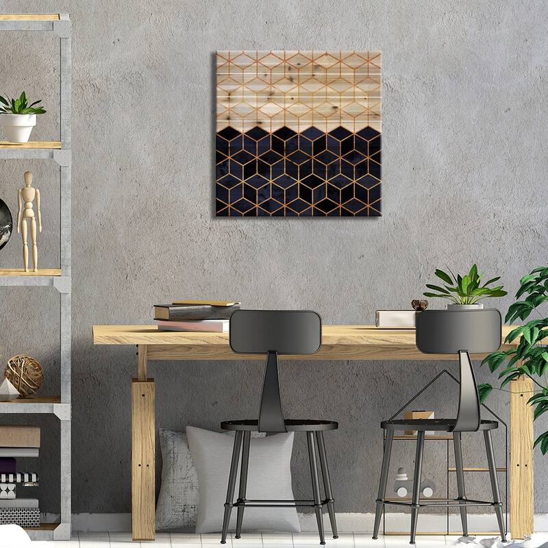 White And Navy Cubes Print On Wood by Elisabeth Fredriksson - Multi-Color