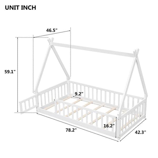 dimension image slide 2 of 3, Twin Size Pine Tent-shaped Floor Bed with Guardrails & Door