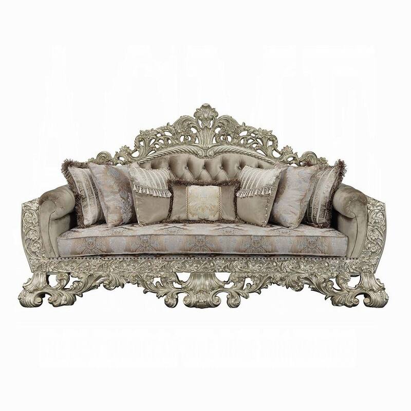 Esen Ornate Sofa, 7 Accent Pillows, Gold, Tufted Brown Velvet, 99 Inch