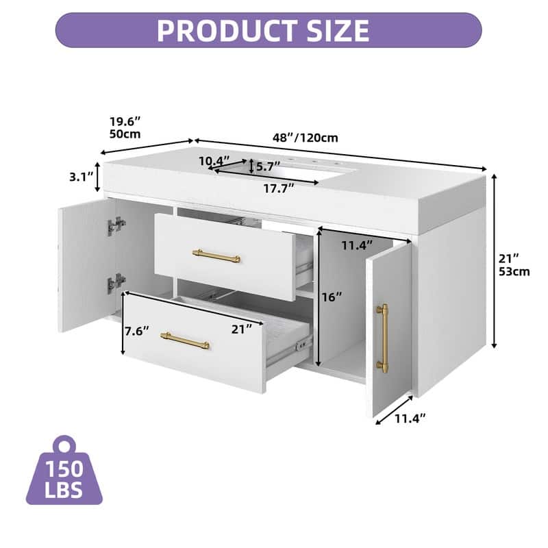 Moasis 40" Floating Bathroom Vanity with 2 Drawer and 2 Cabinet - White - 48"W x 21"H x 19.6"D