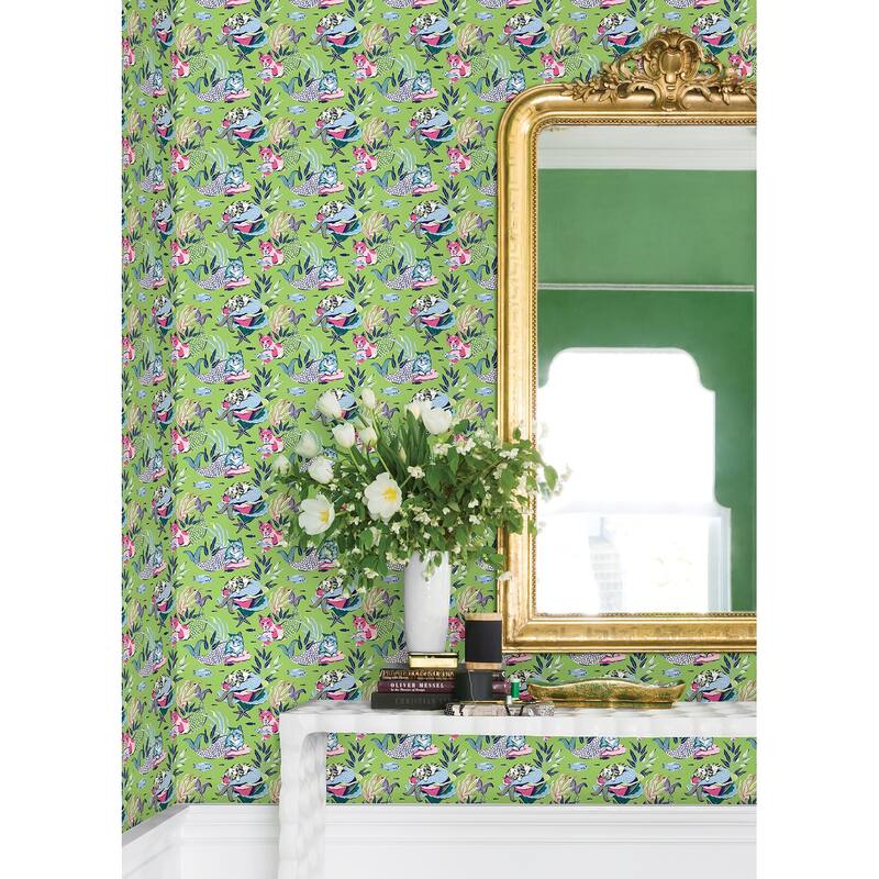 PrintFresh Meowing Mermaids Lime Green Peel and Stick Wallpaper