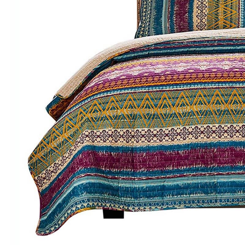 Tribal Motif Print Cotton Twin Quilt Set with 1 Pillow Sham, Multicolor