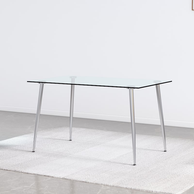 Modern Minimalist Rectangular Glass Dining Table for 4-6 with 0.31" Tempered Glass Tabletop and Silver plating Metal Legs