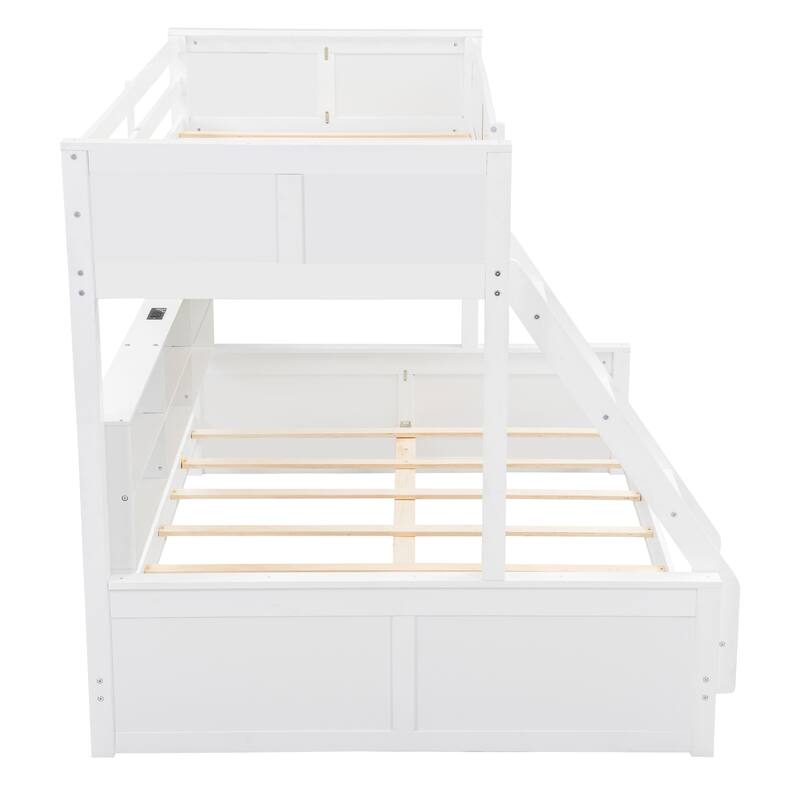 Twin XL over Queen Bunk Bed with Storage Cabinets and USB Ports, Antique White