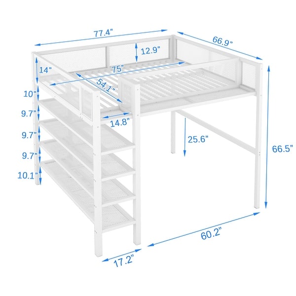 Creative Structure Full Size Metal Loft Bed Kids Bed with 4-Tier Shelves and Storage, White