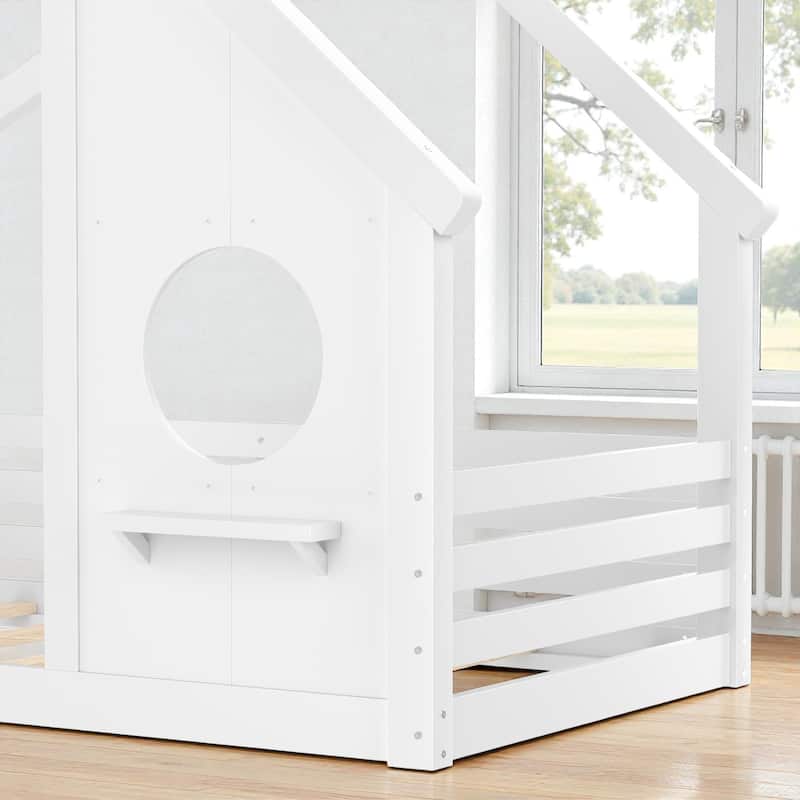 Twin/Full Size Solid Wood House Floor Bed with Window and Shelf, Montessori Low Bed Frame for Kids, No Box Spring Needed